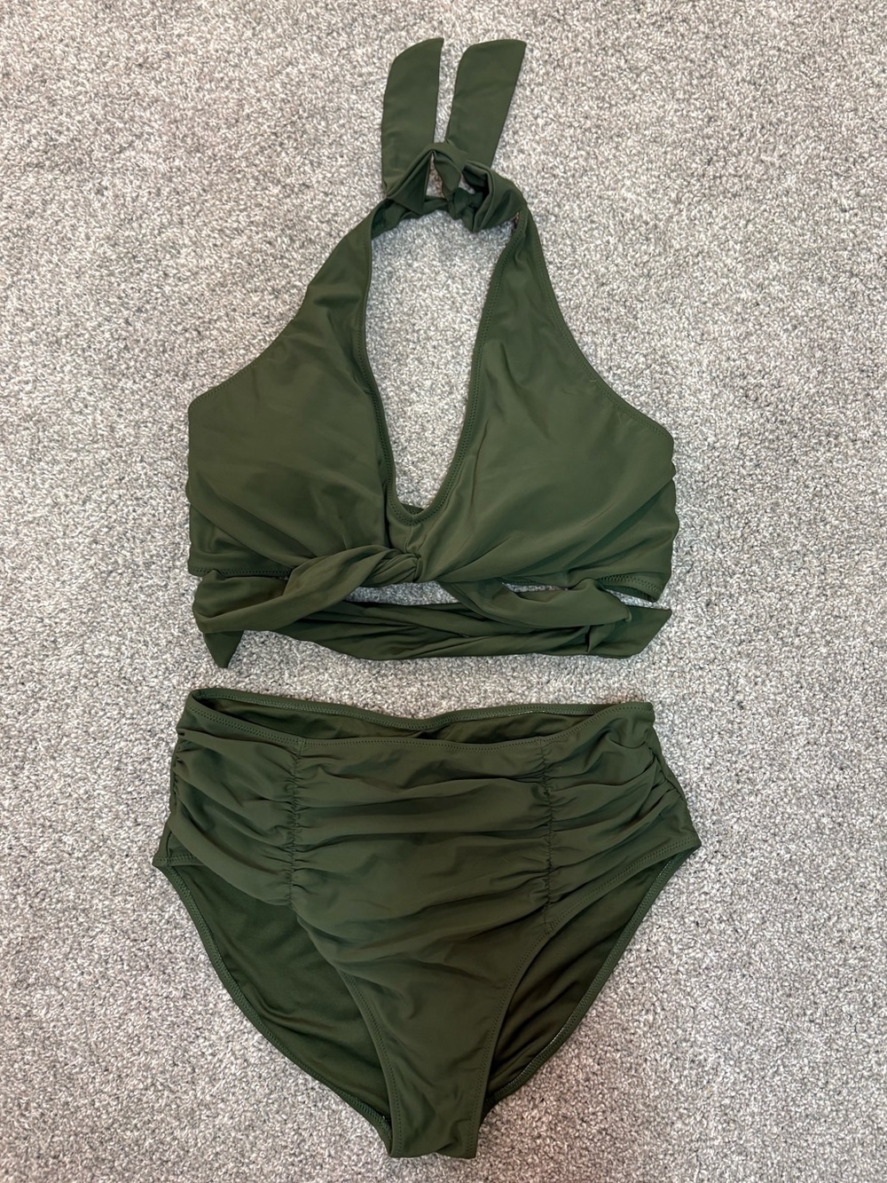 Olive Green Ruched High-Waist Halter Bikini